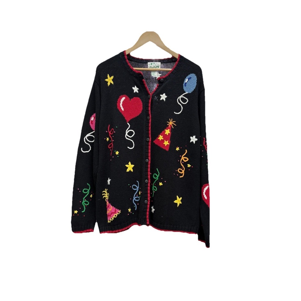 VTG Quacker Factory Cardigan Sweater Womens L Black Party Balloons Hearts Stars
